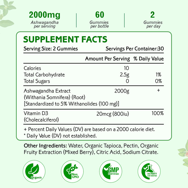 Ashwagandha Gummies, Extra Strength Vitamin D3, Organic Ashwa Root Extract Supplement for Calm Mood Relaxation & Immune Support, Mixed Berry Vegan Sugar Free Chews 60 Count 60 Count (Pack of 1)