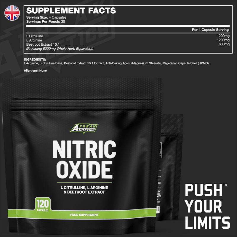 Freak Athletics Nitric Oxide Supplements for Men & Women, L-Arginine, L-Citrulline, Beetroot Extract - Nitric Oxide Capsules - Supports Circulation, Endurance & Recovery - 120 Capsules (Pack of 2) 120 count (Pack of 2)