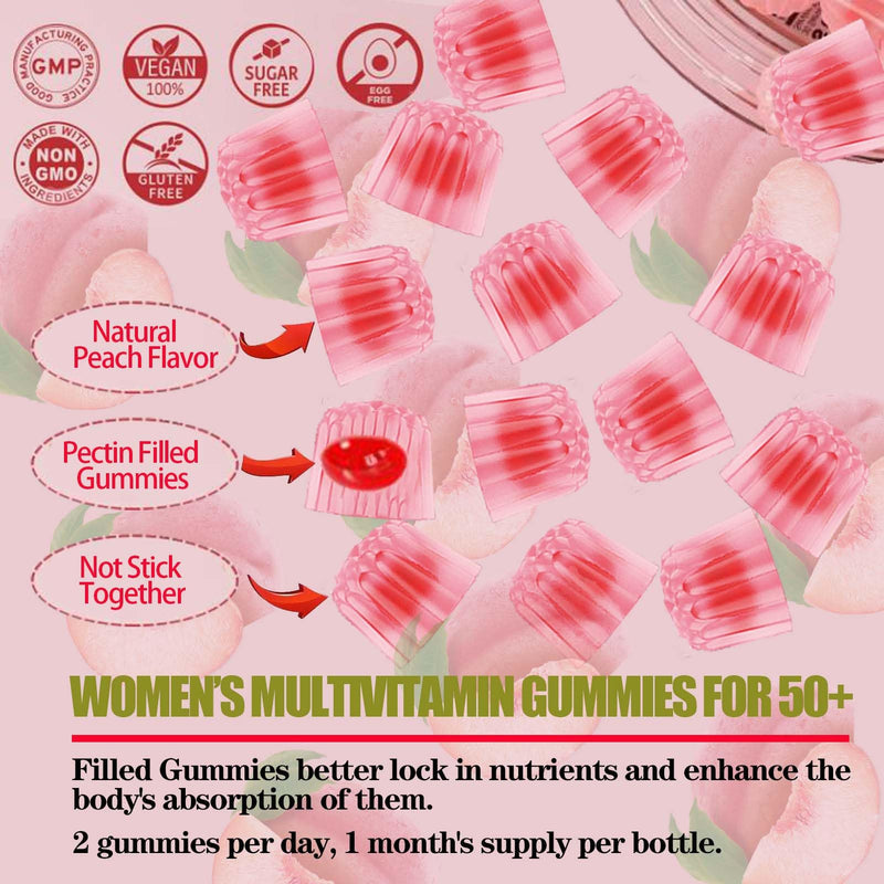 Womens Multivitamin 50 Plus Gummies - Methylated Multivitamins Gummy | with Vitamin A C D3 E K2, B Complex, Calcium, Magnesium, Zinc, Folate, Biotin - Multi Vitamins & Minerals - Sugar-Free Peach 60 Count (Pack of 1)