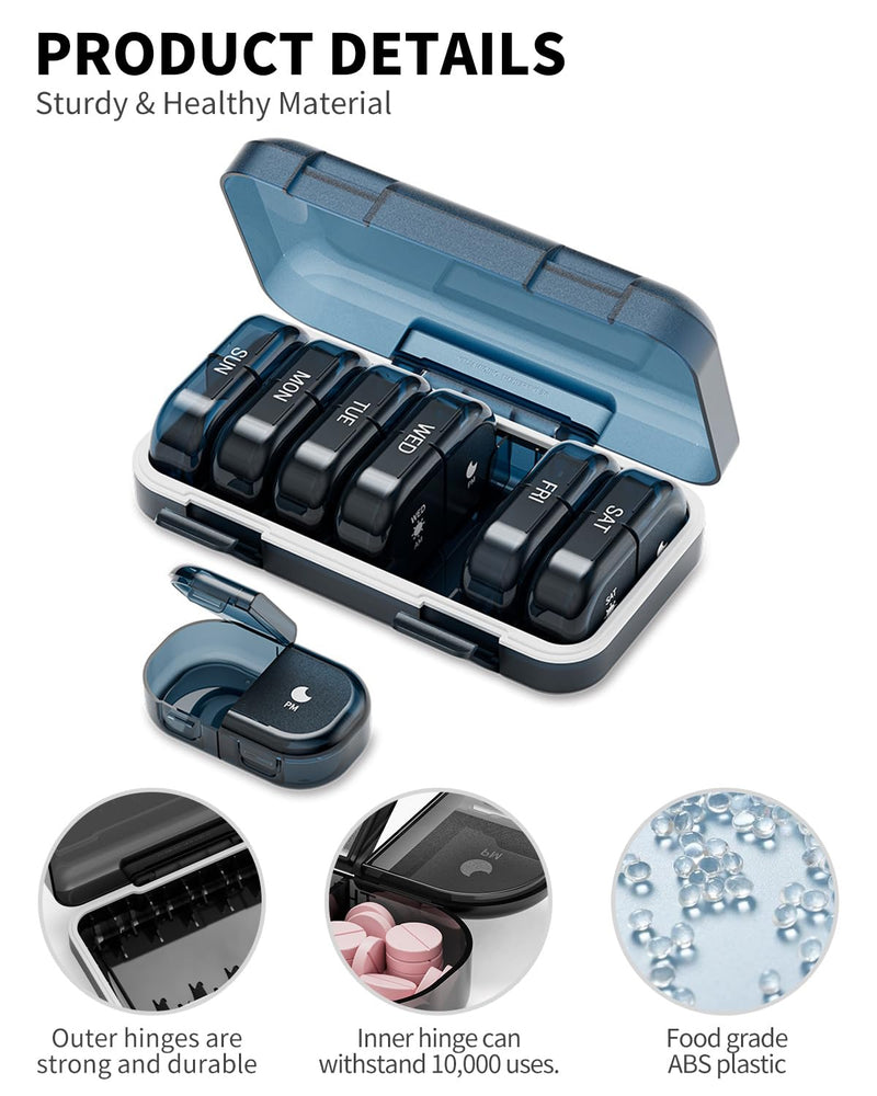 ONTERATE Weekly Pill Organizer 2 Times a Day, AM PM Pill Organizer 7 Days, Portable Pill Case 14 Days, Moisture Proof Large Pill Dispenser, Large Travel Pill Box for Vitamins Supplements (Black) Black