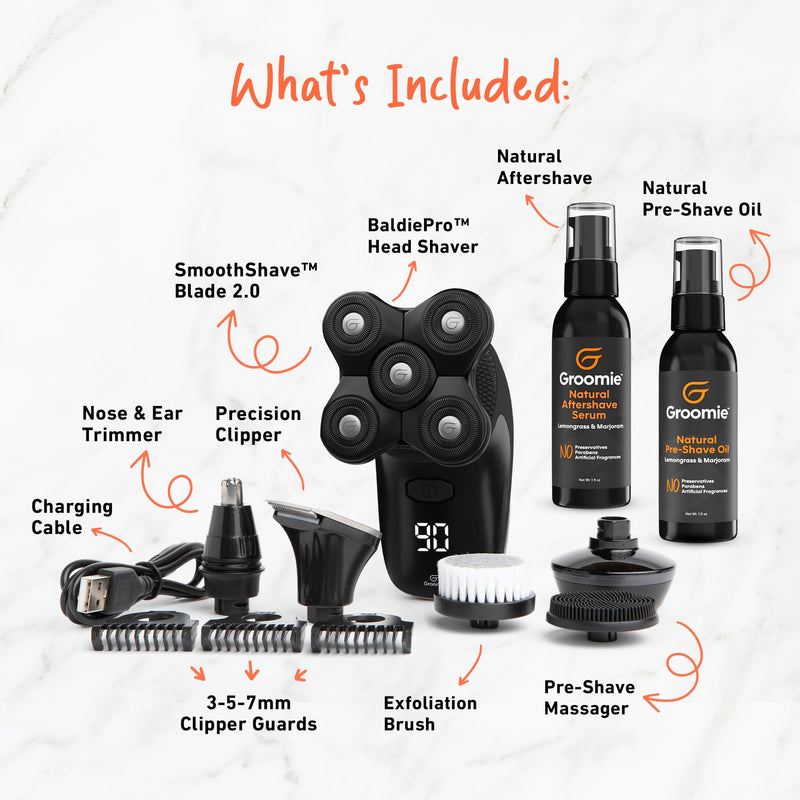 [Australia] - GROOMIE No Hair, Don't Care Bundle - 5D BaldiePro Electric Head Shavers for Bald Men, Natural Pre-Shave Oil to Promote Close Shave, & Natural Aftershave Serum - Mens Head Shaver Kit w/Electric Razor 10PC Shaver Set 