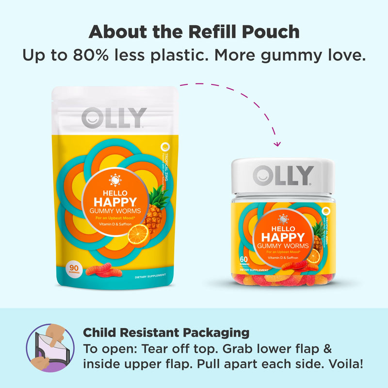 OLLY Hello Happy Gummy Worms,Mood Balance Support,Vitamin D,Saffron,Adult Chewable Supplement,Gluten Free,Tropical Zing -,90 Count (Pack of 2) 90 Count (Pack of 2)