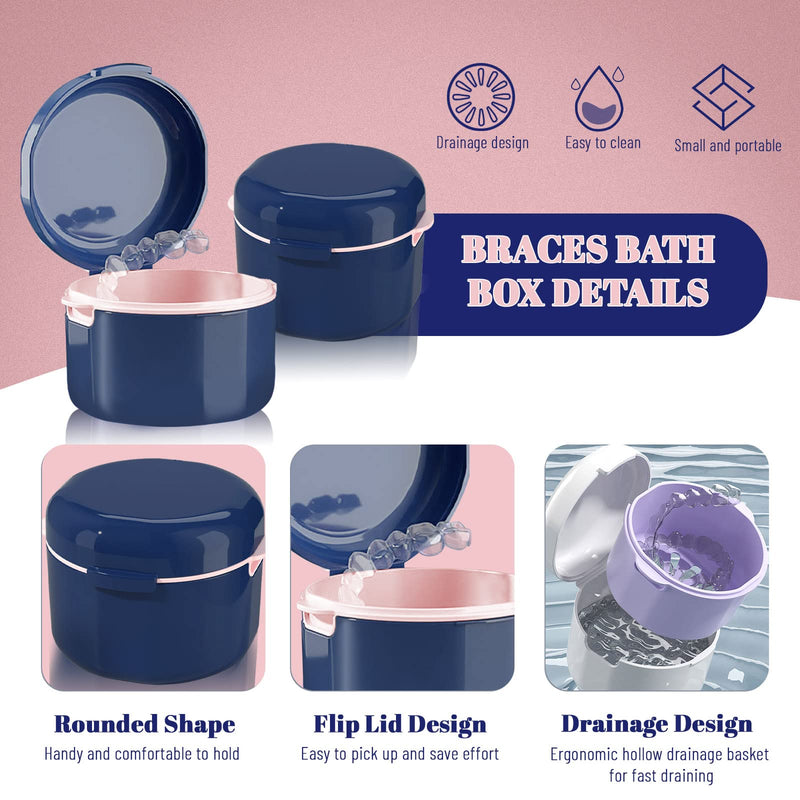 2 Pack Denture Case with Strainer Basket, Denture Cup, Retainer Case, Denture Bath Box, False Teeth Container for Travel Cleaning (Blue) Blue