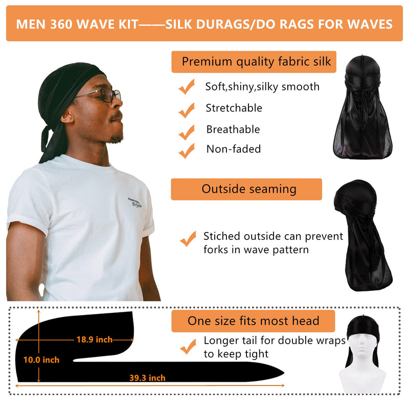 360 Wave Brush Set with Curved Medium Hard Brushes, Durag, Crown Patch - Hair Waves Starter Kit for Men Set B-Black,White,Red