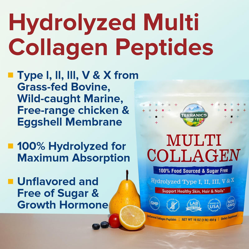 Terranics Multi Collagen Peptides Powder, 1lb, 20g Per Serving, Hydrolyzed Collagen Type I II III V X, Bovine Marine Chicken & Eggshell, No Sugar, Keto, Beauty & Movements Support, Unflavored, 16oz