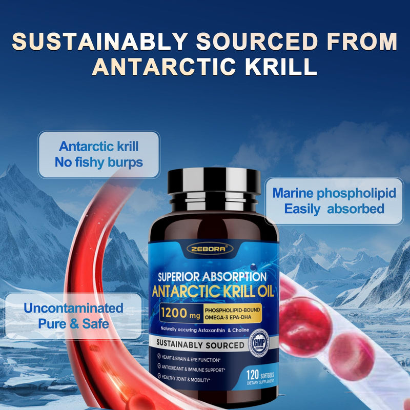 [Australia] - Krill Oil 1200 mg Omega 3 Supplement, Krill Oil Omega 3 with High Absorption EPA, DHA, Astaxanthin & Phospholipids, Supports Heart & Joint Health, No Fishy Aftertaste - 120 Softgels (60 Servings) 120 Count (Pack of 1) 