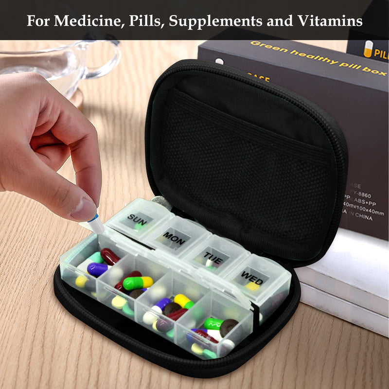 Serfeymi Weekly Travel Pill Organizer Pill Case for Purse with Removable 7 Day Pill Box, Fashionable Travel Medicine Organizer Pill Container for Medicine, Vitamin, Supplement - Black 03 + Pill Box 1 Case + 2 Boxes B. Black 03 + Pill Box