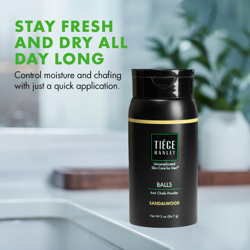 Tiege Hanley Anti-Chafe Powder for Men, Sandalwood Scent, Cooling, 2 Oz | Men's Skin Care, Body Powder Deodorant for Foot, Thigh & Groin, Fresh Moisture Control, Earthy & Woody Tones