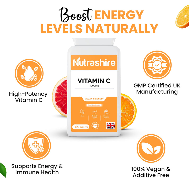 Vitamin C Tablets 1000mg – 120 Vegan Tablets (4 Month Supply) – Gluten Free Vitamin C Supplements for Skin, Bones, Teeth, Fatigue and Immune Support – High Strength VIT C - Made in the UK