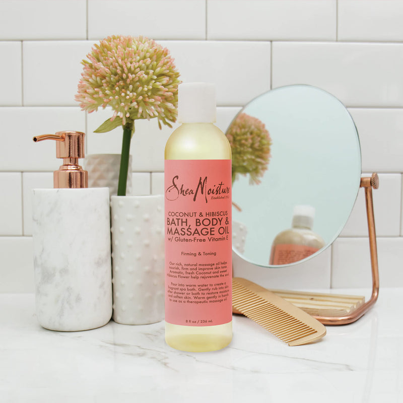 Shea Moisture Coconut & Hibiscus Massage Oil and Body Oil for Dry Skin, Bath Oil with Coconut Oil and Vitamin E Oil for Skin, 8 oz | For Dull Skin. Creates glowing skin.