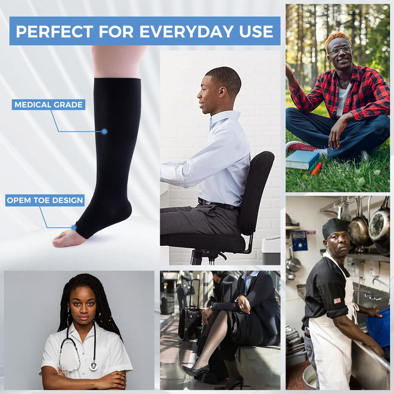 [Australia] - 3 Pairs Open Toe Compression Socks for Men & Women - 15-20 mmhg Knee High Stockings for Circulation Support Large-X-Large 03-b-b-n 