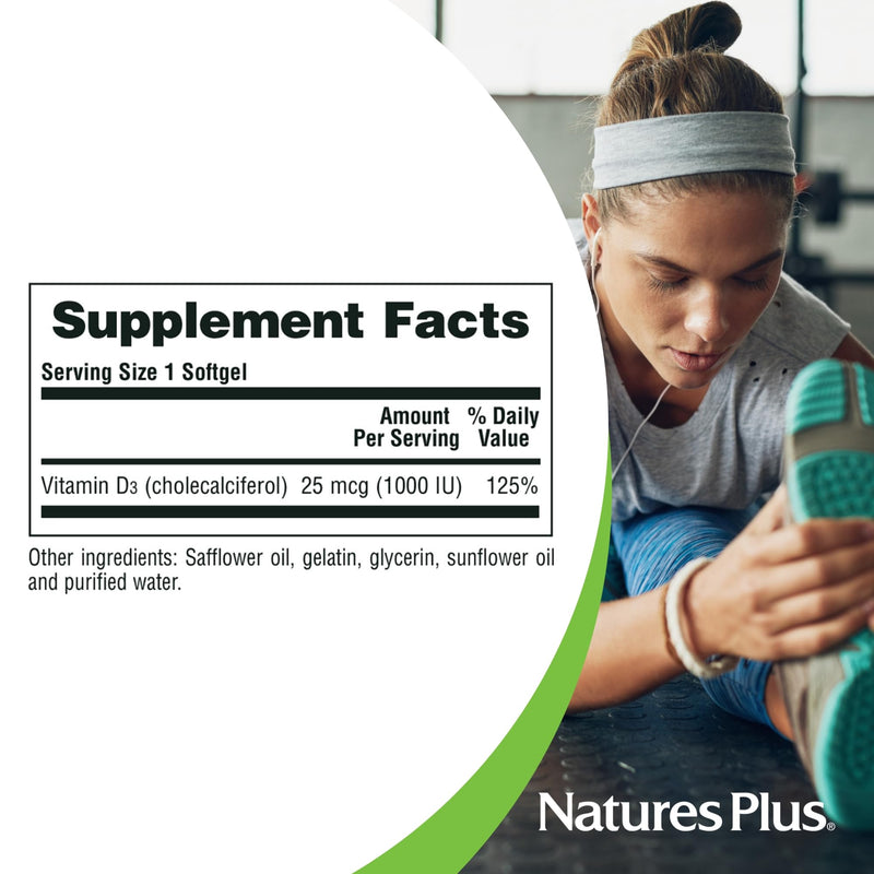 NaturesPlus Vitamin D3 1,000 IU 180 Softgels Capsules - Active Vitamin D Supplement - Immune Support, Bones, Muscle, Teeth, Calcium Absorption - Easy to Swallow, Gluten Free - 3 Months Supply