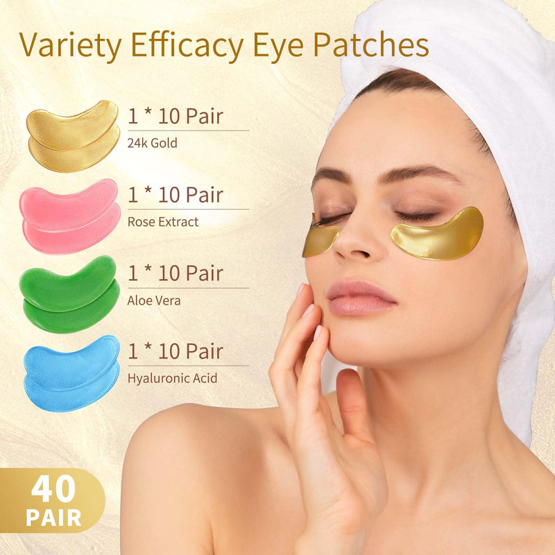 [Australia] - Under Eye Patches, 40 Pairs Eye Mask for Dark Circles, Puffy Eyes, Undereye Bags,Wrinkles,Eye Mask Patches with 24K Gold, Hyaluronic Acid,Rose & Aloe Vera, Eye Treatment Skin Care for Men & Women Gift 24K Gold,Pink,Blue,Green 