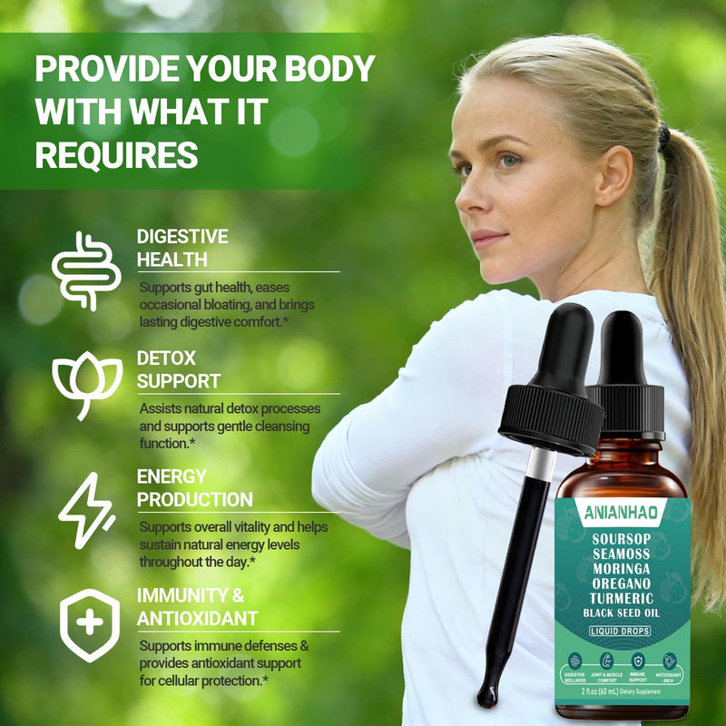 10-in-1 Soursop Bitters Liquid Drops, with Sea Moss, Moringa, Turmeric, Black Seed Oil, Oregano, Ashwagandha | Herbal Extracts for Overall Health-Enhancing | Vegan, Non-GMO | 60ml