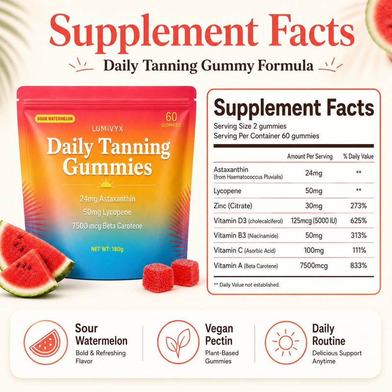 Lumivyx Tanning Gummies, Sun Tanning Gummies for Women and Men with Beta Carotene, Astaxanthin, Lycopene, Vitamin C, D3 and Zinc, Sour Watermelon Vegan Gummies, 60 Count