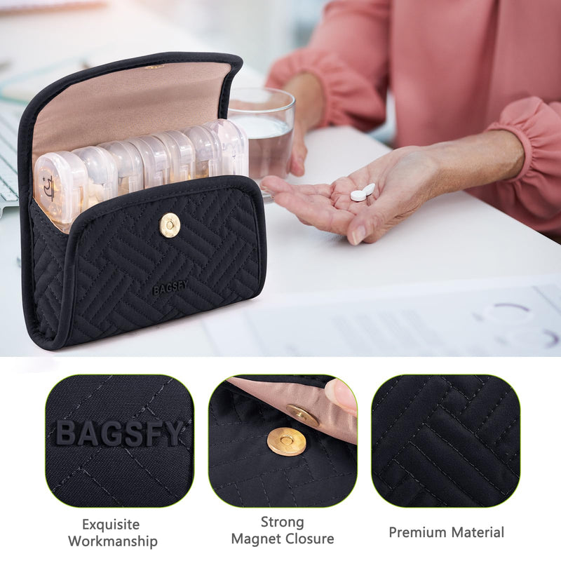 BAGSFY Weekly Pill Organizer 3 Times a Day in a Cute Fabric Pill Case, Medicine Pill Organizer, Pill Box, Portable Travel Pill Case, Pill Container for Medication, Vitamins, Fish Oils, Supplements Black