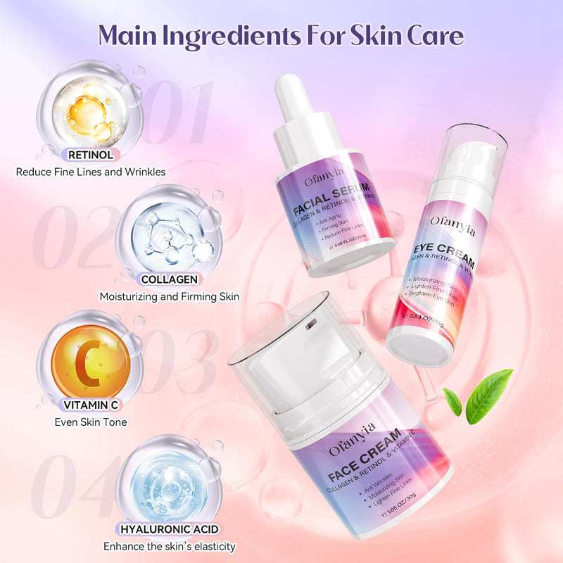 Collagen Retinol Skincare Set, 6 Pcs Anti-Aging Skin Care Set with Hydrating Cleanser, Eye Cream, Toner, Cream & Lip Mask, Facial Kit for Women, Birthday Gift for Her Collagen & Retinol