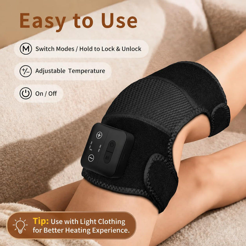 Nekteck Knee Massager with Heat - Cordless Heated Knee Brace with Vibration for Pain Relief, Rechargeable Knee Heating Pad with 5 Heat Levels and 3 Massage Mode, Ideal Gift for Mom Dad Matte Black