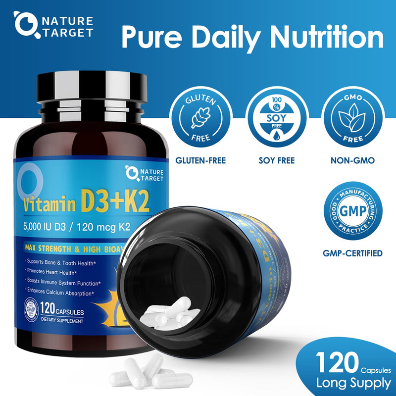 NATURE TARGET Vitamin D3 K2 with Calcium & Magnesium, 120 Servings | 6-in-1 Max Strength Complex, 5000 IU Vitamin D3 and 120 mcg K2, for Bone, Heart, and Immune Support, Gluten Free 120 Count (Pack of 1)