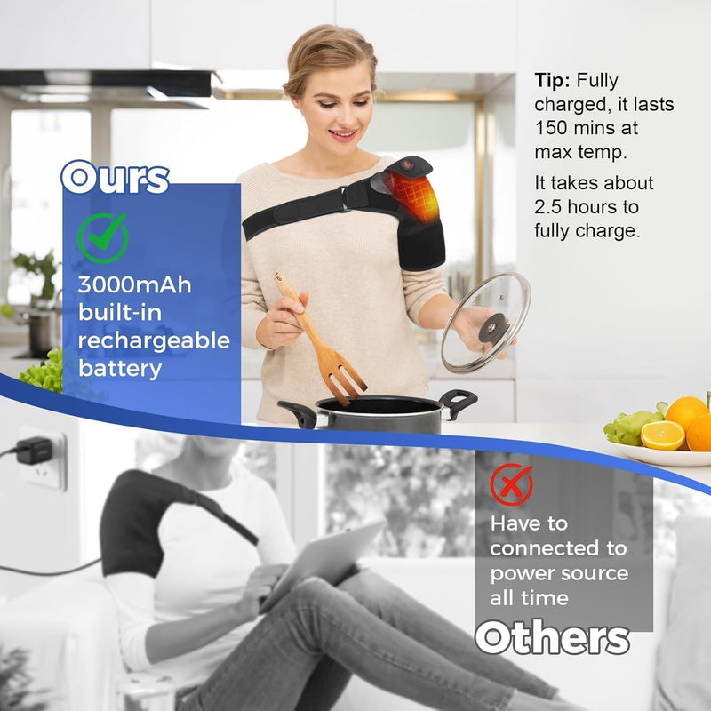 Cordless Shoulder Heating Pad, Heated Shoulder Brace for Rotator Cuff Frozen, 3 Heat Levels, 3000mAh Rechargeable Battery, Shoulder Wrap for Pain Relief Deep Tissue for Men Women (Black) Black