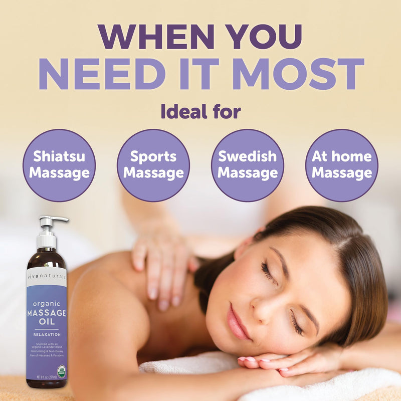 [Australia] - Viva Naturals Organic Massage Oil (8 fl. oz.) - Lavender Scented Relaxing Body Massage Oil for Massage Therapy - Perfect for Home Use & Professional Massages - Non-Greasy and Non-Sticky Formula 