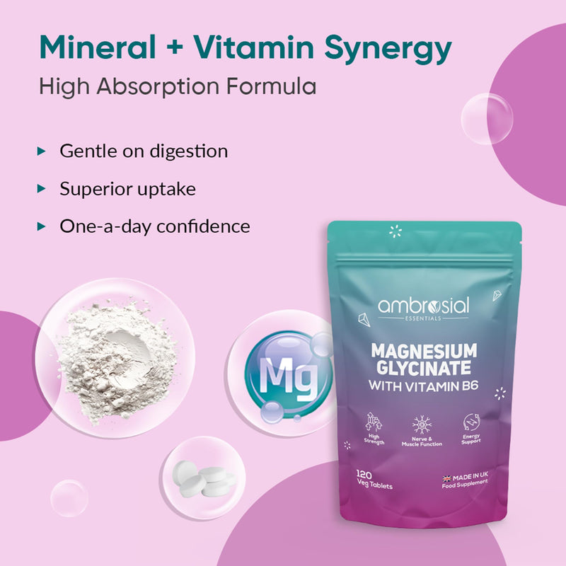 Ambrosial Magnesium Glycinate 1500 mg with Vitamin B6 – High Absorption Supplement - 315 mg Elemental Magnesium with B6 – Daily Mineral Support – UK Made, Vegan, GMP Certified – 120 Tablets