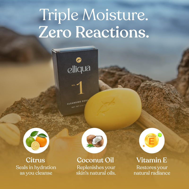 Elliqua No.1 Vitamin E Revitalising Body Bar - 3-in-1 Formula, 1 Pack | Energising, Glowing & Revitalised Skin - Replaces Wash + Lotion - Plastic-Free, Cruelty-Free Citrus 3.5 Ounce (Pack of 1)