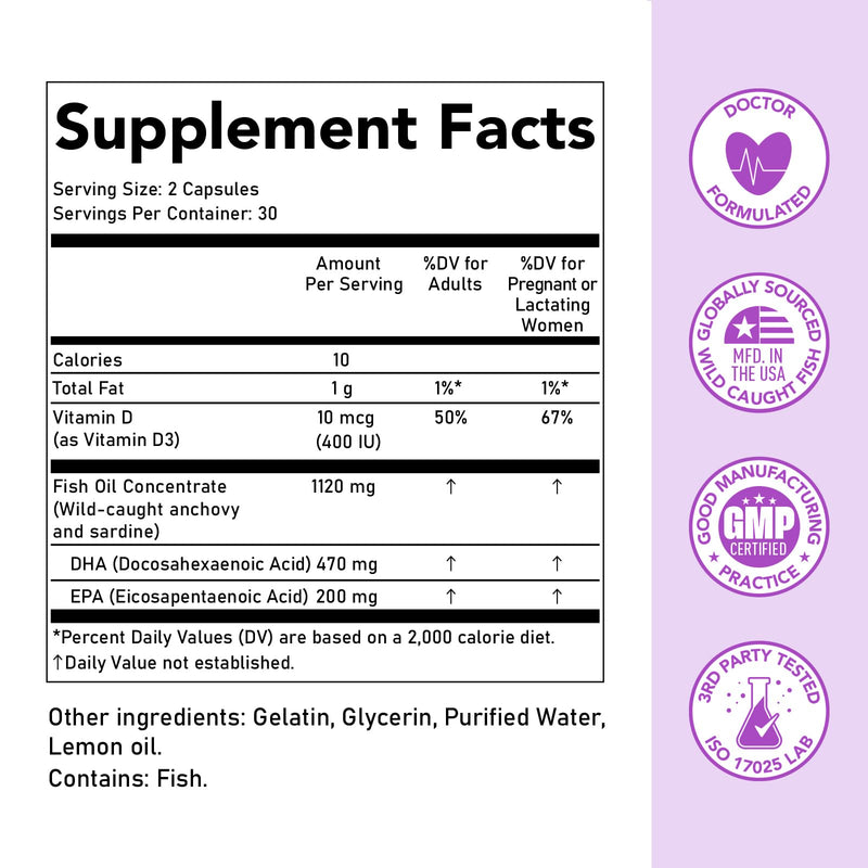 [Australia] - Premom Prenatal DHA Fish Oil: Triglyceride Omega 3 with 470mg DHA, 200mg EPA + 400 IU Vit D3 Supplement - Fertility Support for Women - Globally Sourced from Wild Caught Fish 