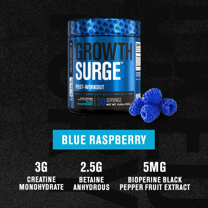 [Australia] - Jacked Factory Growth Surge Creatine Post Workout w/L-Carnitine - Daily Muscle Builder & Recovery Supplement with Creatine Monohydrate, Betaine, L-Carnitine L-Tartrate - 30 Servings, Blue Raspberry 30 Servings (Pack of 1) 