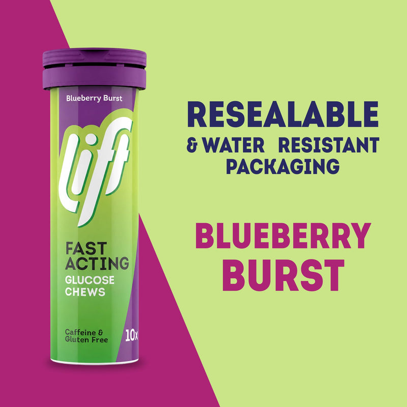Lift | Fast-Acting Glucose Chewable Energy Tablets | Blueberry | 12 Pack of 10-Tablet Tubes 10 count (Pack of 12)
