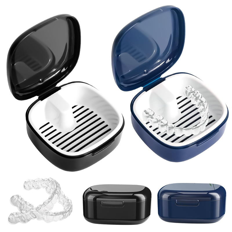 [Australia] - 2 braces box, denture box, braces box cleaning box, three in one denture box, box for dental splints, dental splint cleaning, portable dental prostheses container (black + royal blue) 