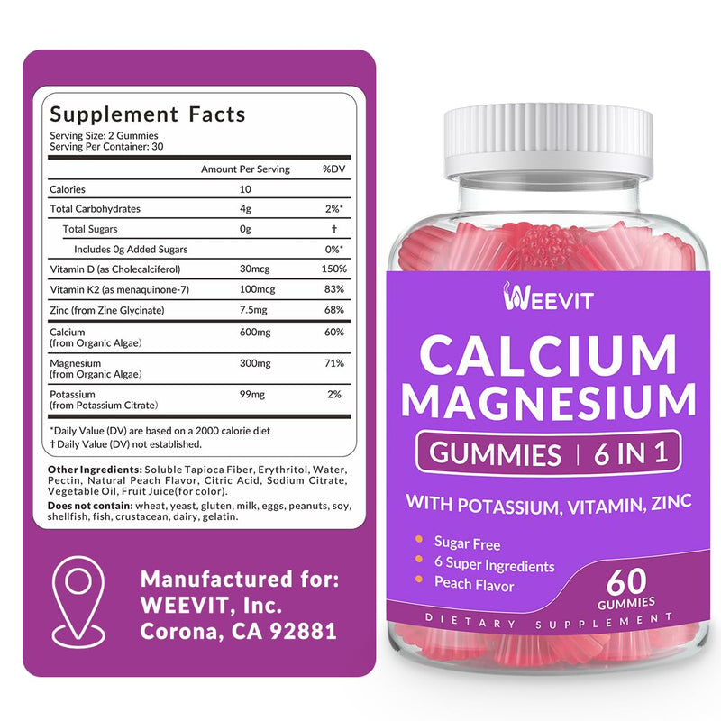 Calcium Gummies, Calcium Supplement for Women, Calcium Magnesium Zinc | Calcium with Vitamin D3 K2, Potassium for Bone, Muscle & Immune, Sugar Free, Vegan 60 Count (Pack of 2)