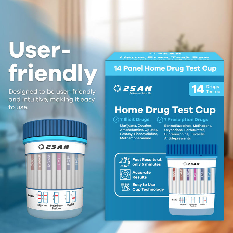 [Australia] - 2San 14-Panel Drug Test Cup – Fast 5-Min Results – Screens for THC Cocaine Meth Opiates PCP MDMA Oxy & More – Accurate at-Home Urine Test Kit 