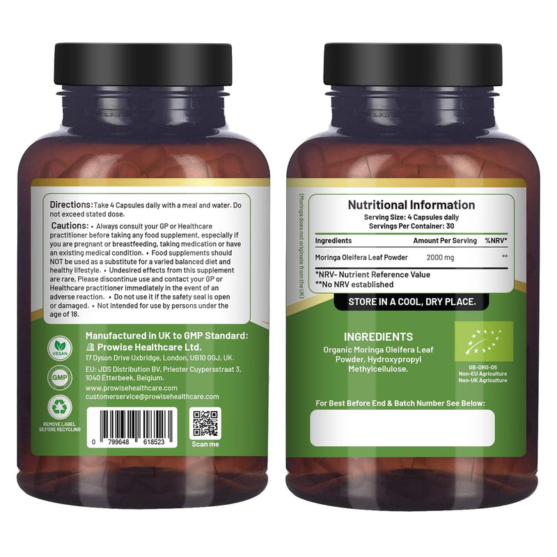 Organic Moringa 2000mg per Serving 120 Vegan Capsules | Moringa Oleifera Leaf Supplement | 100% Natural Soil Association Organic Certified | No Synthetic Binders or Fillers by Prowise