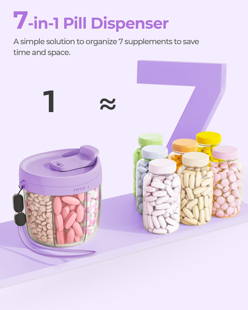 AMOOS Cute Pill Dispenser with Anti-Mix Design, 7-Slot, BPA-Free, Patented | Portable Travel Pill Organizer, Wide Mouth for Easy Access, Pill Bottle Organizer for Vitamins, Fish Oils, Supplement, Purple