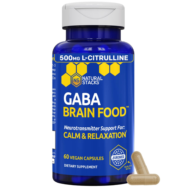 GABA Brain Food, Sleep & Relaxation Support with L-Citrulline, 120 Count | 633mg Gamma Aminobutyric Acid Supplement with Grape Seed Extract - Supports Sleep Function & Mood - Natural Stacks 60 Count (Pack of 2)