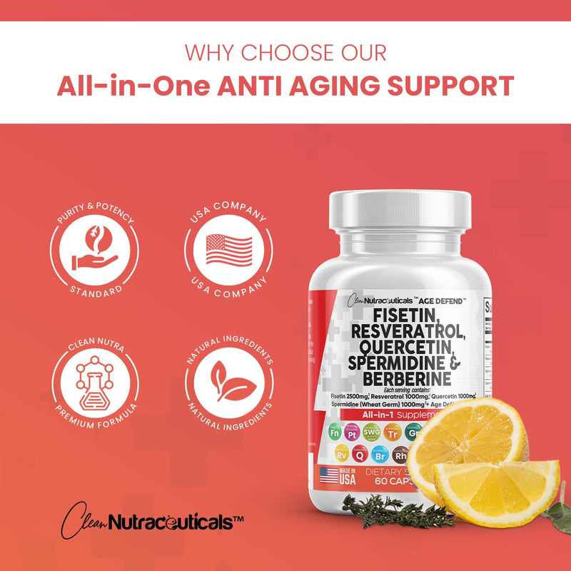 [Australia] - Clean Nutraceuticals Fisetin 2500mg Quercetin 1000mg Resveratrol 1000mg with Spermidine Wheat Germ Extract 1000mg - Health Supplement for Adults Longevity with Berberine, Collagen, Rhodiola, Apigenin 
