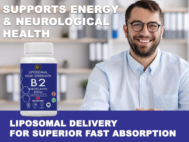 Vitamin B2 Riboflavin | 400mg Migraine Support 180 Capsules | 6 Months Supply | Vegan, High Strength Riboflavin Supplement | Liposomal Delivery for Maximum Absorption | Non-GMO | UK Company