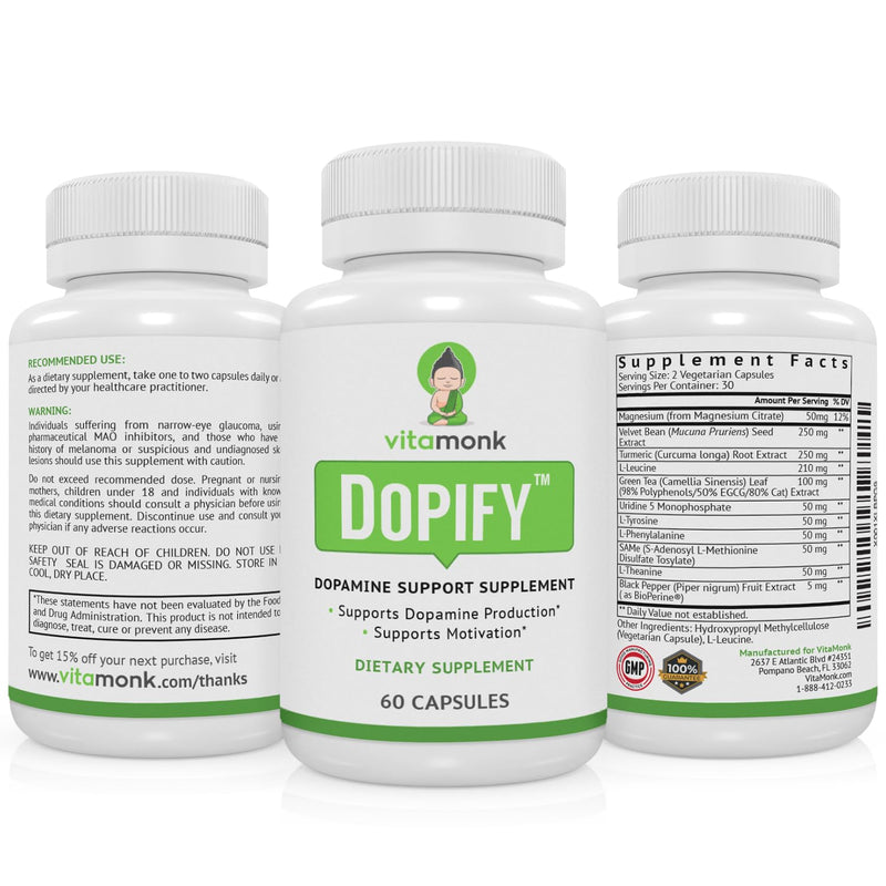 [Australia] - VitaMonk Dopify Dopamine Supplement Dopamine Booster with Uridine Monophosphate, Mucuna Pruriens, L-Theanine, Tyrosine and More - No Artificial Fillers, Just Brain Food - 60 Capsules 