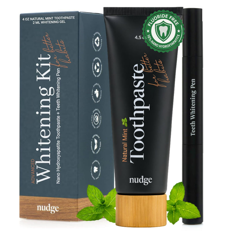 Nudge Advanced Whitening Kit, 10% Nano Hydroxyapatite Remin+ Toothpaste (4 oz) & EnamelGuard Whitening Gel Pen (2 ml), Fluoride-Free, Sensitivity-Friendly, Plaque Control, Strengthens Teeth