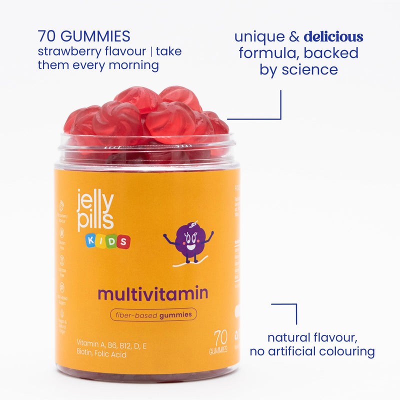 Jelly Pills Kids Multivitamin Gummies + 14 Vitamins & Minerals with Vitamins A, C, D, E, Zinc, Biotin & Folic Acid - 70 Vegan Gummies for 2 Months - No Added Sugar - Strawberry Flavour