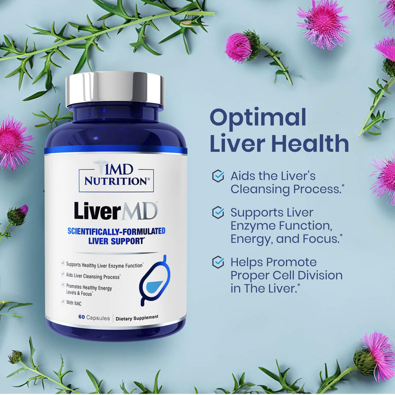 1MD Nutrition LiverMD - Liver Support Supplement | Siliphos Milk Thistle Extract & NAC - Supports Healthy Energy, Immunity & Overall Health - Liver Cleanse & Support | 60 Capsules 60 Count (Pack of 1)