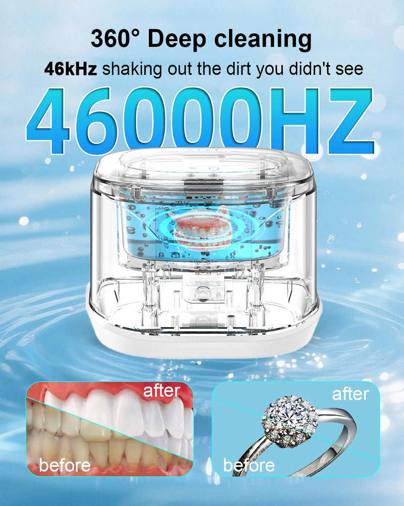 BCOM Ultrasonic Retainer Cleaner, 46Khz Jewelry Cleaner Machine for Rings | 18W Portable Dental Cleaning Pod for Braces, Night Guard, Mouthguard, Toothbrush, Denture, 220ml 304 Tank, Quiet 45 dB, White 228ml