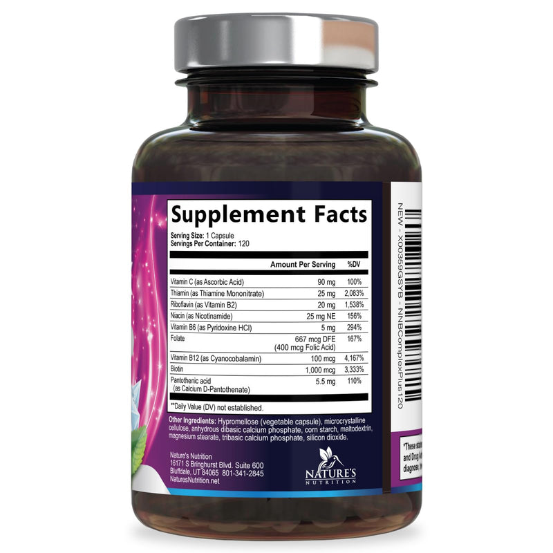 B Complex Vitamins Capsules - Super Complete B-100 Complex with Vitamin B12 B6 C Biotin Folate & Folic Acid for Immune & Energy Support - Supplement for Heart, Brain, & Nerve Support - 120 Capsules 120 Count (Pack of 1)