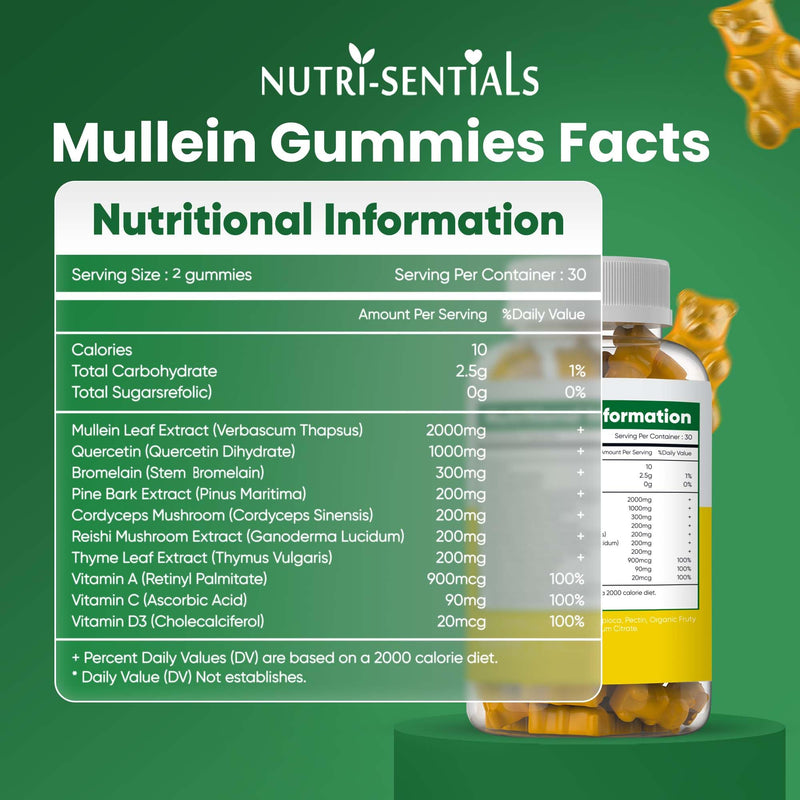 Mullein Gummies 2000mg – Respiratory Lung Health Supplement with Adaptogen Mushrooms, Mullein Leaf Extract – Natural Lung Cleanse for Adults, Vegan & Non-GMO | Immune Boost 60 Gummies