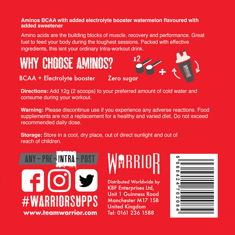 Warrior Aminos + Electrolyte Powder 360g - Amino Acid (BCAA) Hydration Formula for Performance & Recovery - Supplement for Intra or Post Workout - 30 Servings (Wicked Watermelon) Wicked Watermelon