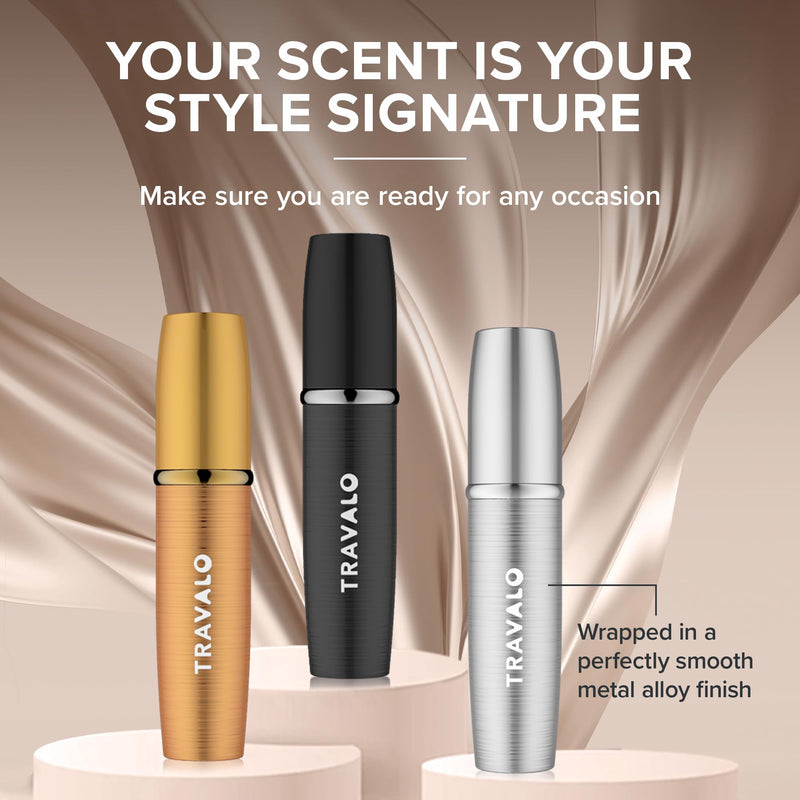 Travalo LUX Perfume Atomizer Bundle - Leak-Proof and TSA Approved for Air Travel - Reusable, Easy Fill Mini Pump Sprayer - Lightweight, Brushed Polished Metal - Gold, Black, Silver - 3 Pack Multi-color 0.2 Ounces (3 Pack)