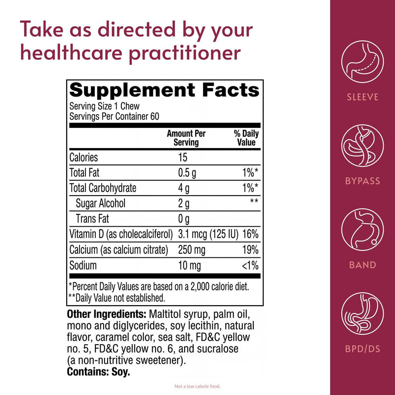 Bariatric Advantage Calcium Citrate Chewy Bites, Caramel, 60 Count | 250 mg Calcium Citrate with Vitamin D3, Chewable for Bariatric Surgery Patients, Sugar-Free Calcium Chews, Caramel Flavor 60 Count (Pack of 1)
