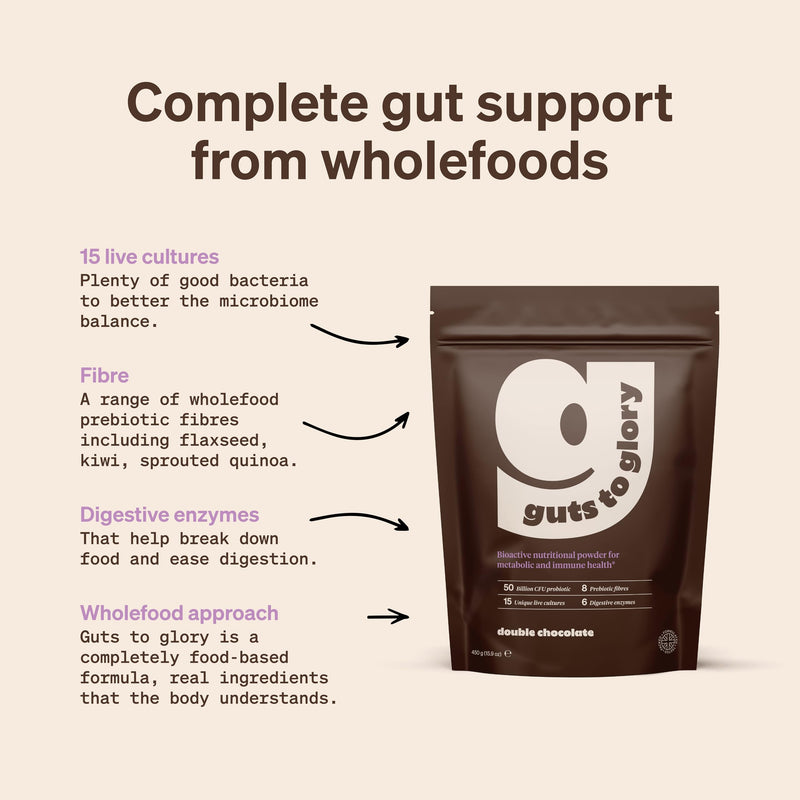 Guts to Glory - Gut Health Blend Made in UK with wholefoods - 50 Billion CFU Complete Gut Powder - Probiotics, Prebiotics/Fibre, Digestive Enzymes - Vegan Gut Health - (Double Chocolate) Double Chocolate