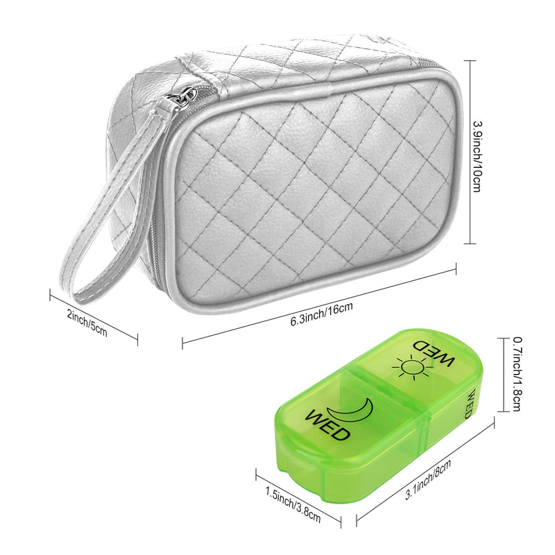 Weekly Pill Organizer 2 Times a Day Pill Boxes with PU Leather | AM PM Pill Box 7 Day Portable Travel Pill Case with 7 Colorful Box for Vitamins, Cod Liver Oil, Supplements Silver